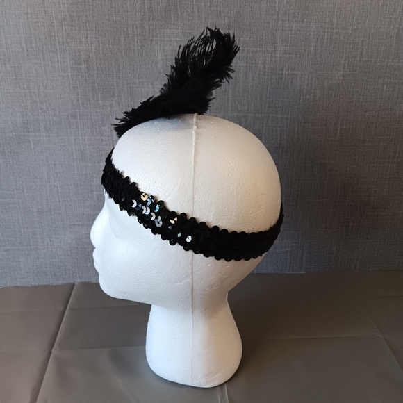 1920s Flapper Feather Headband Showgirl Headpiece Gatsby Style Sequin Stretch - Picture 4 of 5